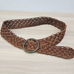 Barami Woven Leather Belt Women M L Brown Wide Brass Buckle Boho Hippie Festival
